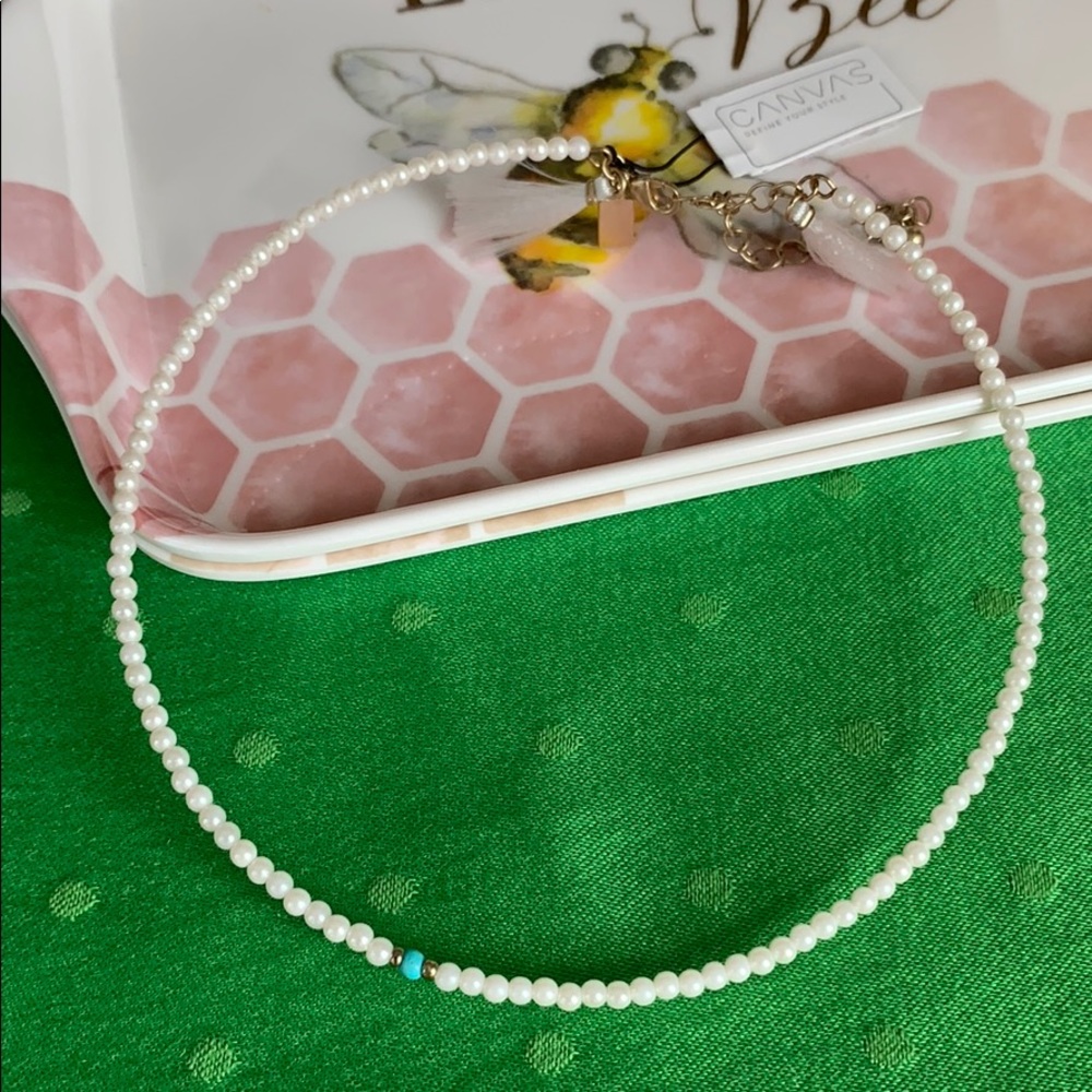 White Beaded Structured Choker with Blue Accent